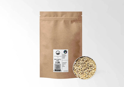 Sacred Plant Co Organic Milk Thistle Seed 5 LBS kraft stand-up pouch shown with a sample of the seeds.