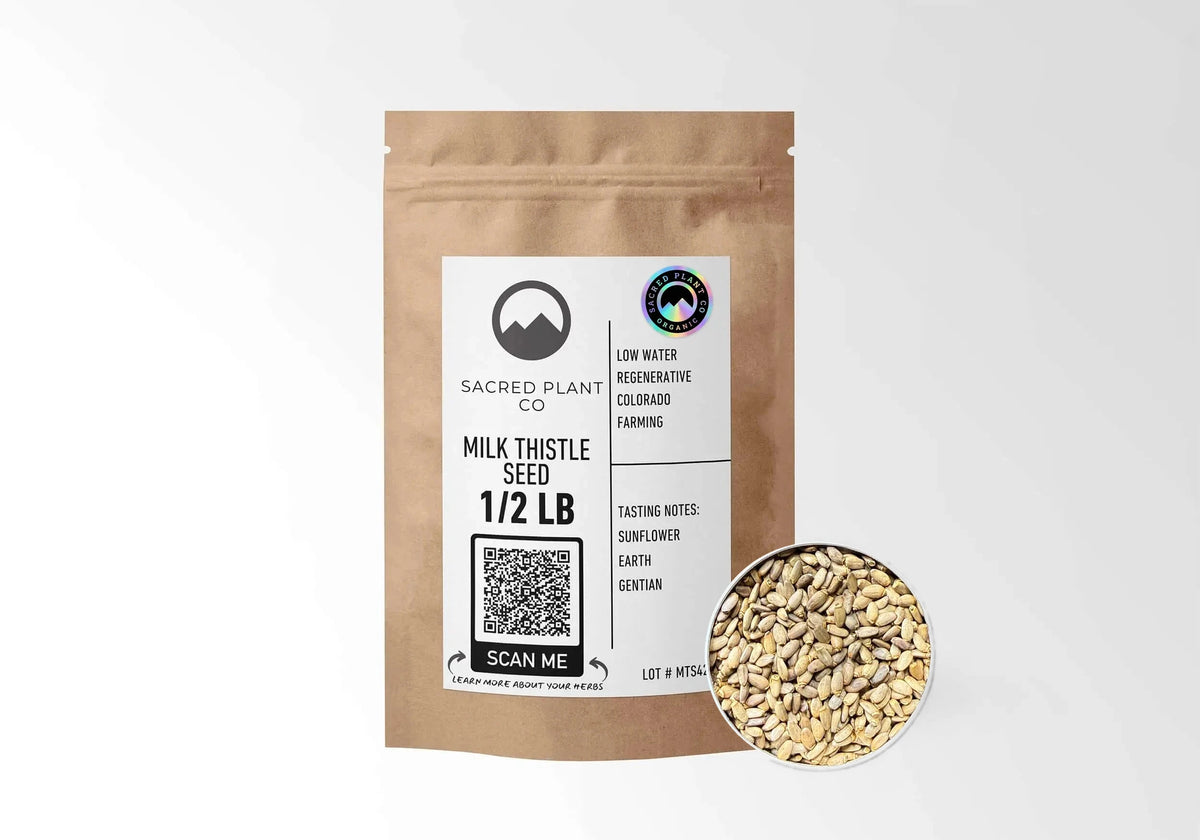 Sacred Plant Co Organic Milk Thistle Seed 1/2 LB kraft stand-up pouch shown with a sample of the seeds.