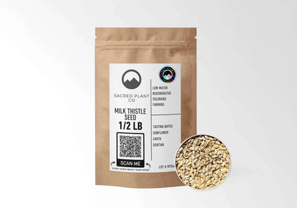 Sacred Plant Co Organic Milk Thistle Seed 1/2 LB kraft stand-up pouch shown with a sample of the seeds.