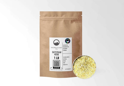 Sacred Plant Co Organic Oatstraw 1 LB kraft stand-up pouch shown with a sample of the herb.