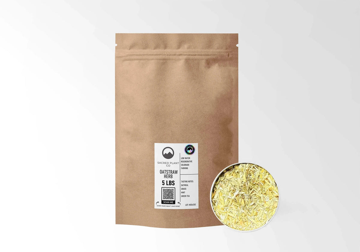 Sacred Plant Co Organic Oatstraw 5 LBS kraft stand-up pouch shown with a sample of the herb.