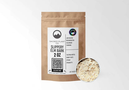 Sacred Plant Co Organic Slippery Elm Bark 2 oz in a kraft stand-up pouch with a sample in a silver tin.