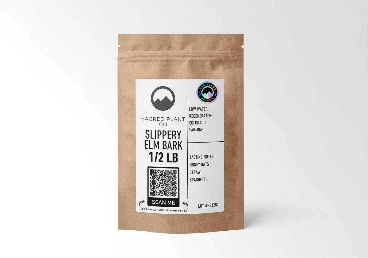 Sacred Plant Co Organic Slippery Elm Bark 1/2 LB in a kraft stand-up pouch with the holographic organic seal on the label.