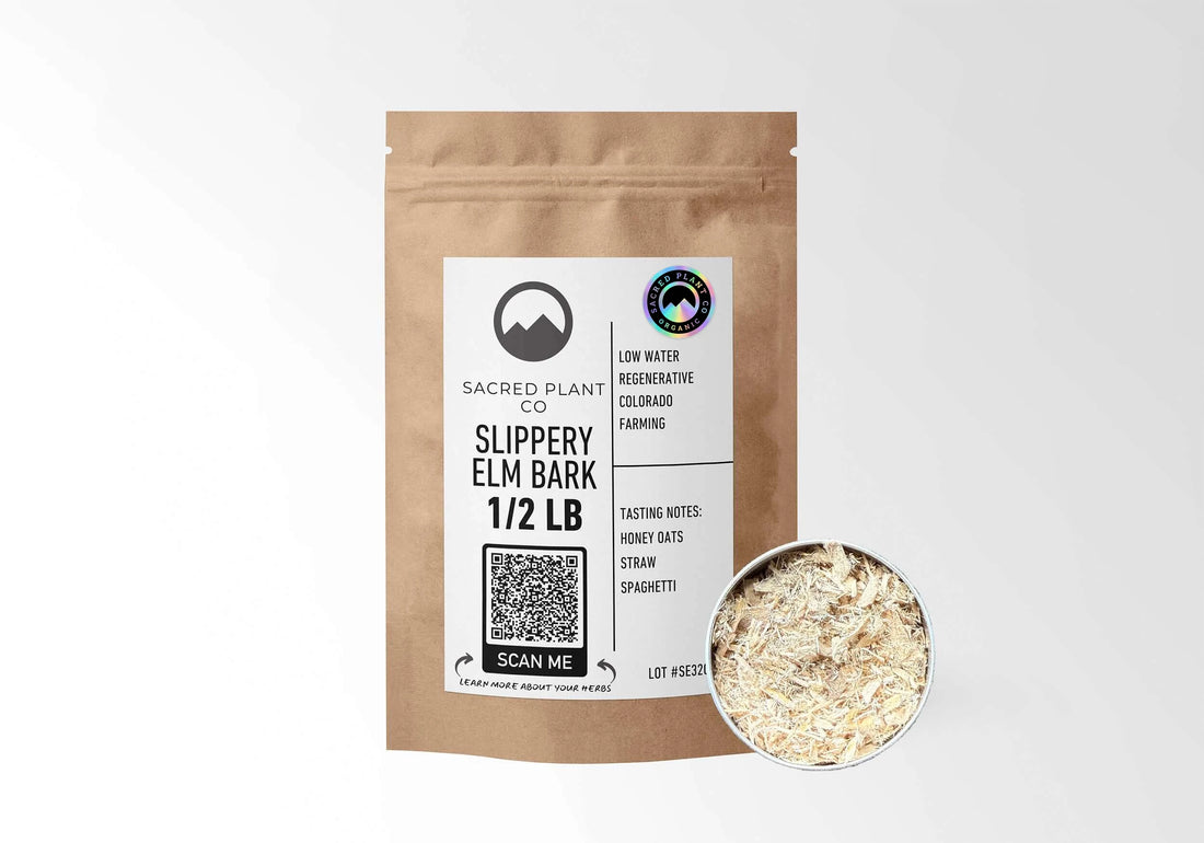 Sacred Plant Co Organic Slippery Elm Bark 1/2 LB in a kraft stand-up pouch with the holographic organic seal on the label and a sample in a silver tin.