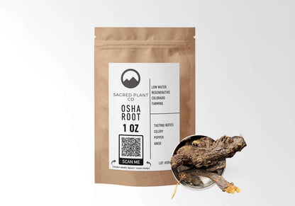 Sacred Plant Co Osha Root 1 oz kraft stand-up pouch shown with a sample of the herb.