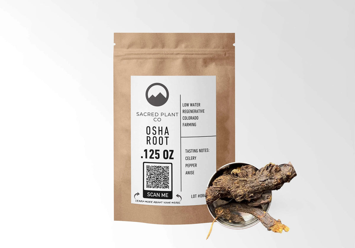 Sacred Plant Co Osha Root 1/8 oz kraft stand-up pouch shown with a sample of the herb.