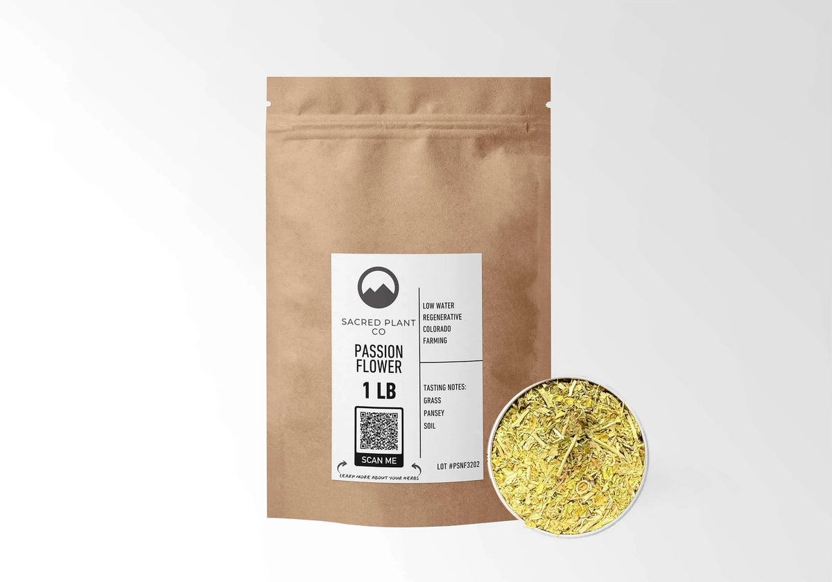 Sacred Plant Co Passion Flower 1 LB kraft stand-up pouch shown with a sample of the herb.