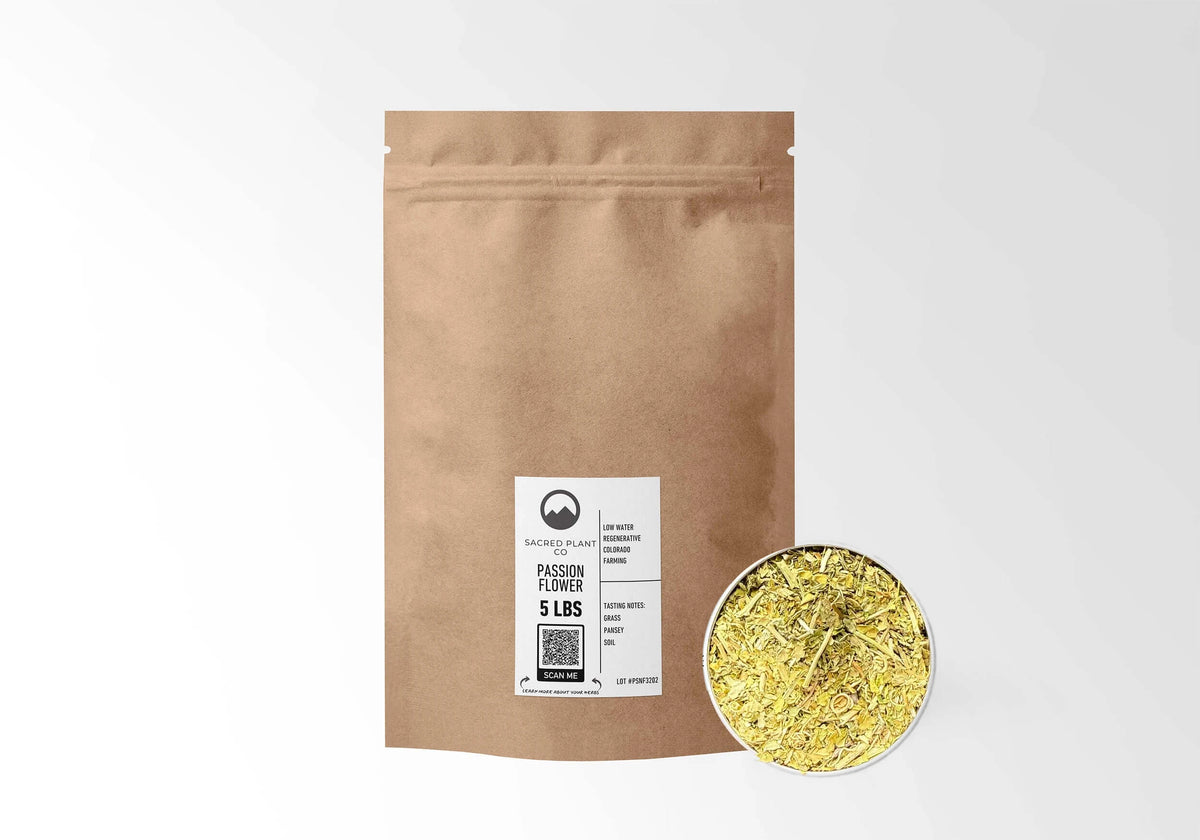 Sacred Plant Co Passion Flower 5 LBS kraft stand-up pouch shown with a sample of the herb.
