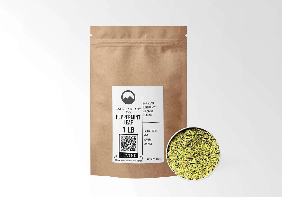 Sacred Plant Co Peppermint Leaf 1 LB kraft stand-up pouch shown with a sample of the herb.