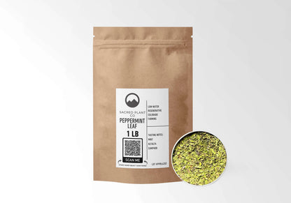 Sacred Plant Co Peppermint Leaf 1 LB kraft stand-up pouch shown with a sample of the herb.