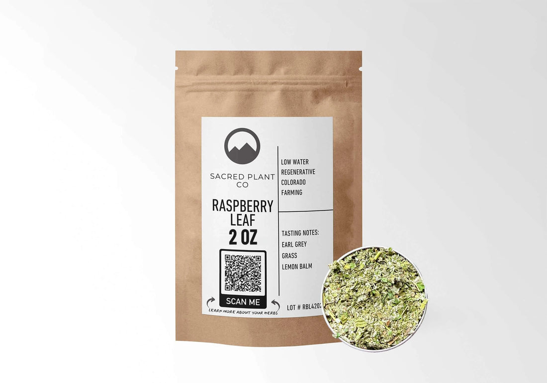 Sacred Plant Co Raspberry Leaf 2 oz in a kraft stand-up pouch with a sample in a silver tin.