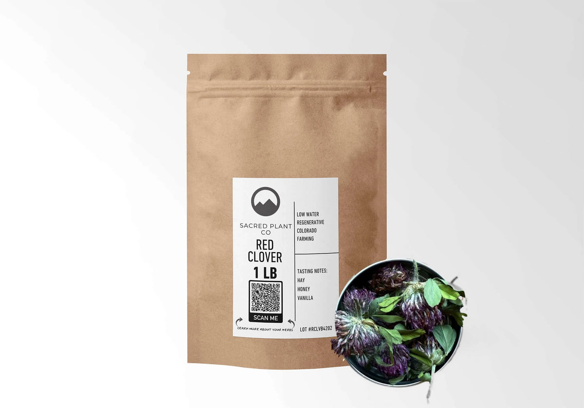 Sacred Plant Co Red Clover 1 LB kraft stand-up pouch shown with a sample of the herb.