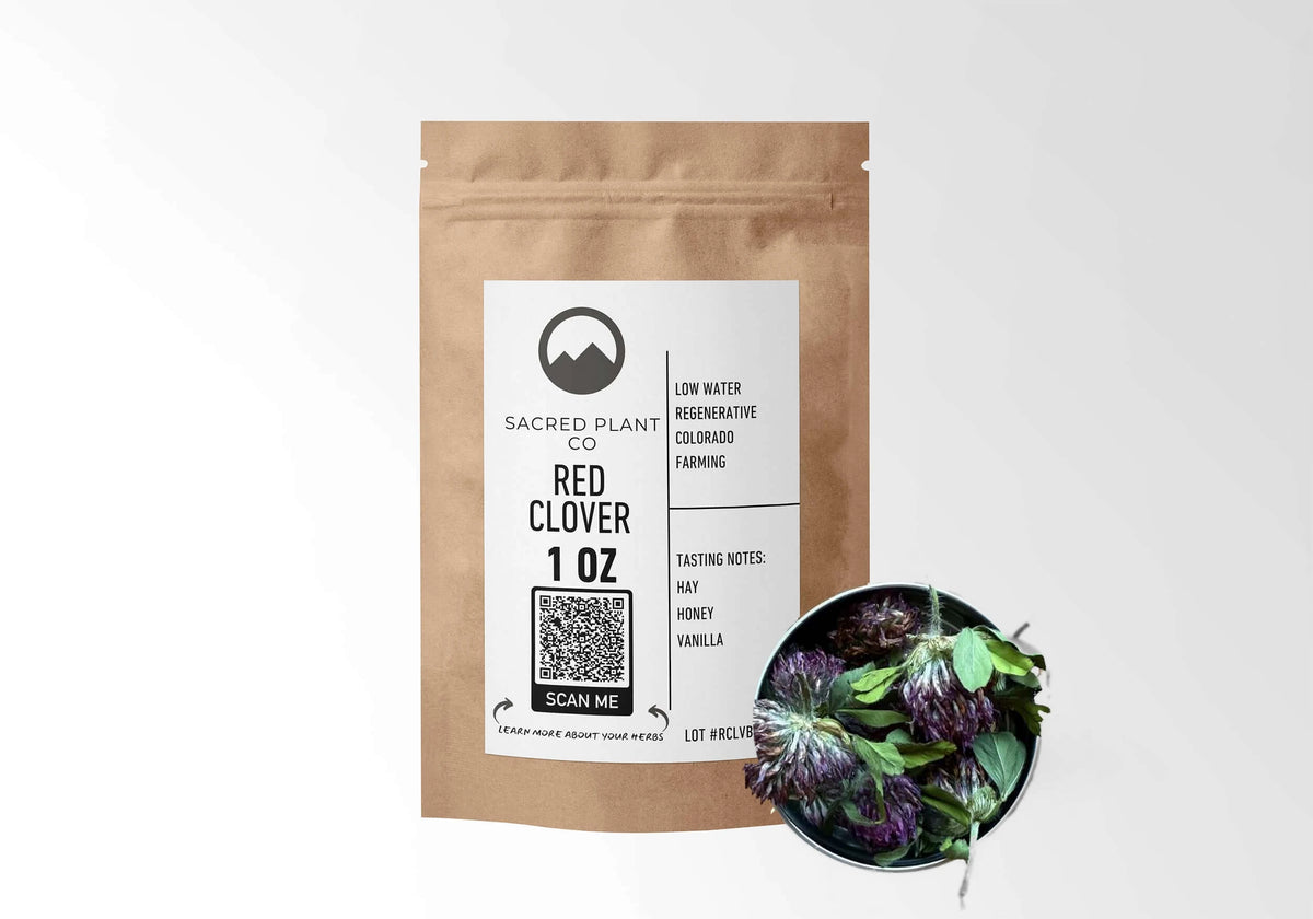 Sacred Plant Co Red Clover 1 oz kraft stand-up pouch shown with a sample of the herb.