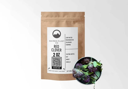 Sacred Plant Co Red Clover 2 oz in a kraft stand-up pouch with a sample in a silver tin.