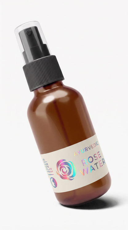 2 oz amber glass bottle of Sacred Plant Co Ayurvedic rose water hydrosol, tilted to show the fine mist sprayer and cream label.