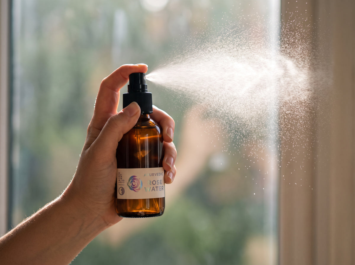 Hand holding Sacred Plant Co rose hydrosol, fine mist catching backlight from a window.