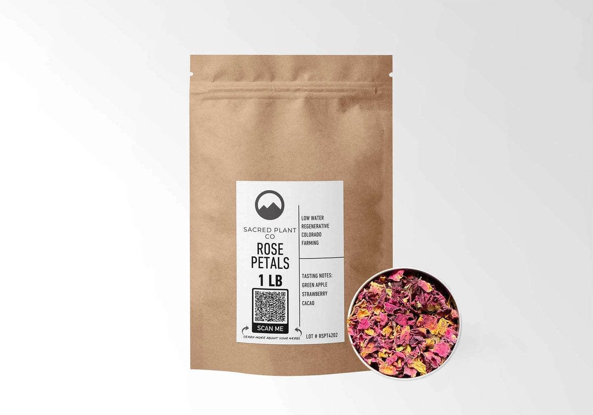 Sacred Plant Co Rose Petals 1 LB kraft stand-up pouch shown with a sample of the petals.