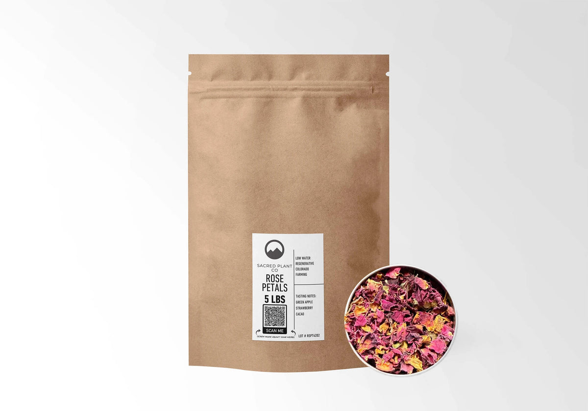 Sacred Plant Co Rose Petals 5 LBS kraft stand-up pouch shown with a sample of the petals.