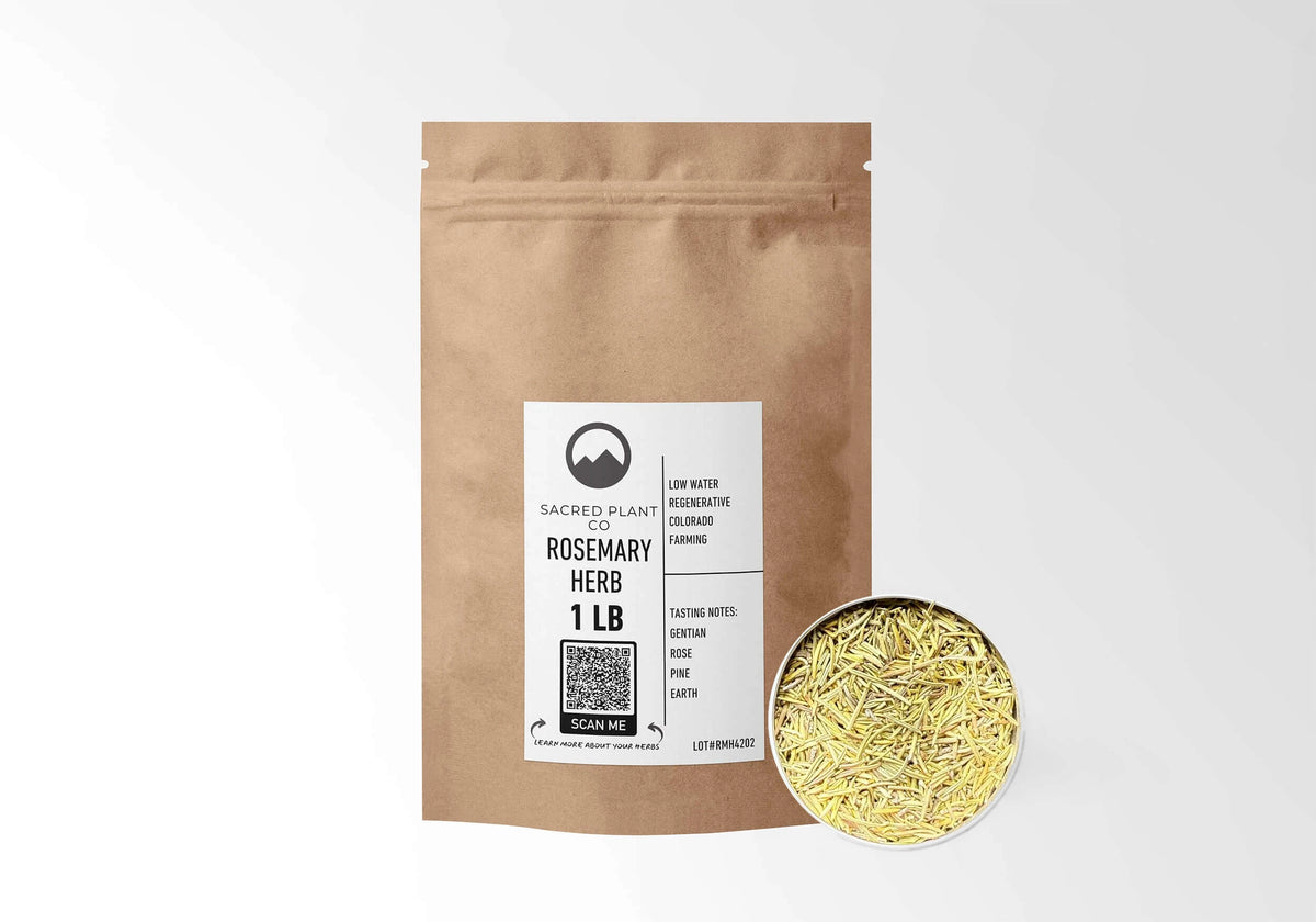 Sacred Plant Co Rosemary 1 LB kraft stand-up pouch shown with a sample of the herb.