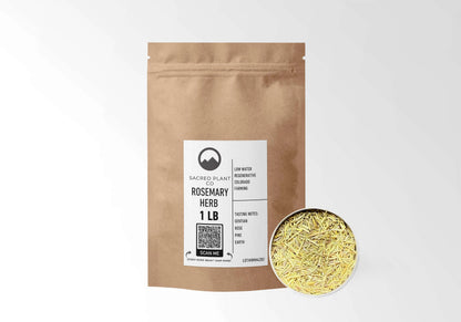 Sacred Plant Co Rosemary 1 LB kraft stand-up pouch shown with a sample of the herb.