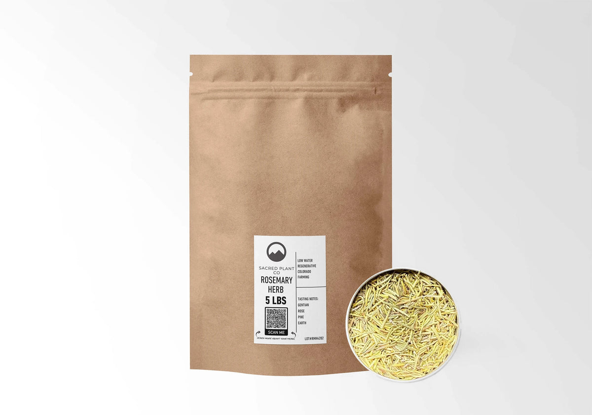 Sacred Plant Co Rosemary 5 LBS kraft stand-up pouch shown with a sample of the herb.