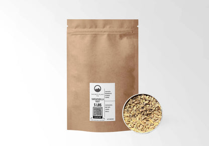 Sacred Plant Co Sarsaparilla Root 5 LBS kraft stand-up pouch shown with a sample of the herb.