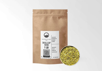 Sacred Plant Co Skullcap 1 LB kraft stand-up pouch shown with a sample of the herb.