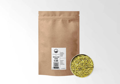 Sacred Plant Co Skullcap 5 LBS kraft stand-up pouch shown with a sample of the herb.