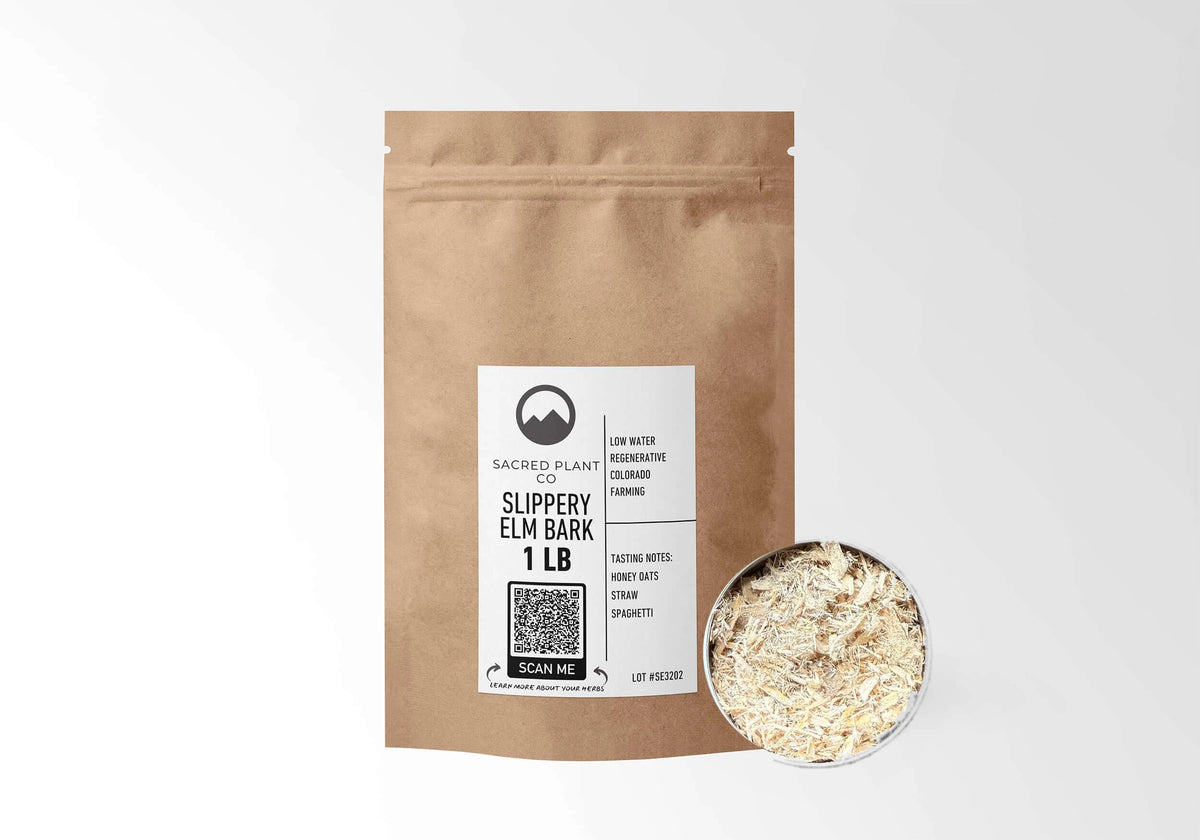Sacred Plant Co Slippery Elm Bark 1 LB kraft stand-up pouch shown with a sample of the herb.