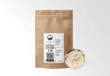 Sacred Plant Co Slippery Elm Bark 1 LB kraft stand-up pouch shown with a sample of the herb.