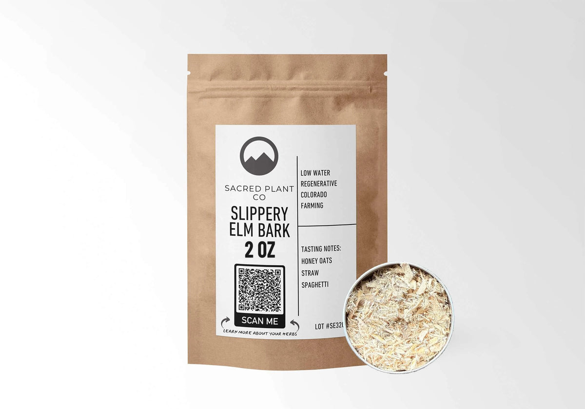 Sacred Plant Co Slippery Elm Bark 2 oz in a kraft stand-up pouch with a sample in a silver tin.