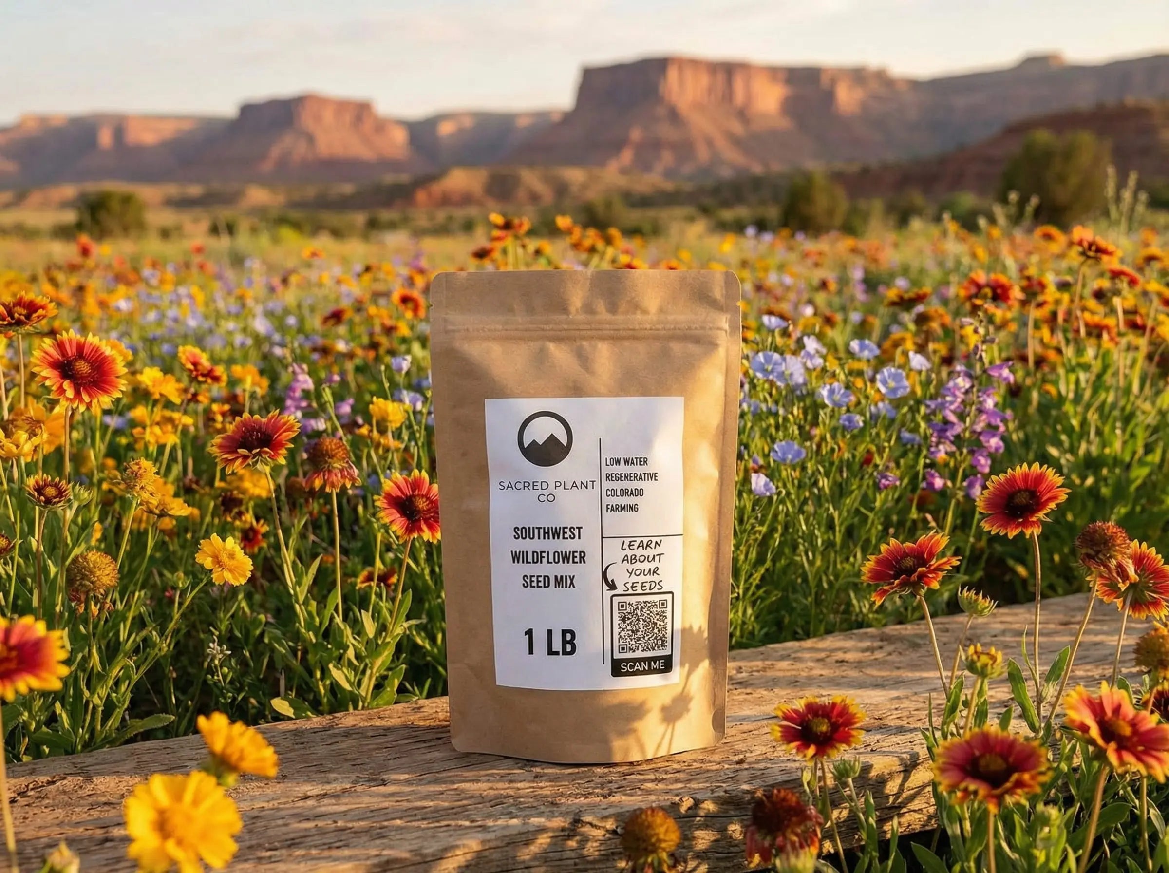 Sacred Plant Co Southwest Wildflower Seed Mix pouch in a vibrant Colorado wildflower field with Gaillardia, coreopsis, blue flax, and purple penstemon blooms against a red rock mesa landscape.