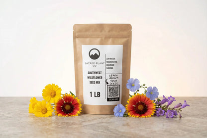 Southwest Wildflower Seed Mix pouch from Sacred Plant Co displayed with fresh Gaillardia, coreopsis, blue flax, and penstemon blooms on a natural surface.