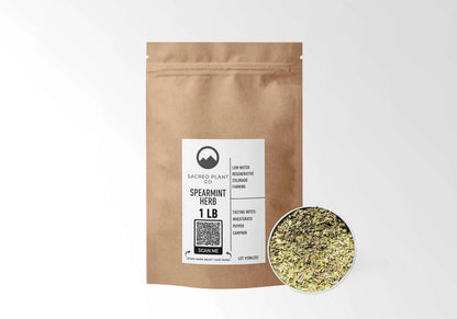Sacred Plant Co Spearmint Leaf 1 LB kraft stand-up pouch shown with a sample of the herb.