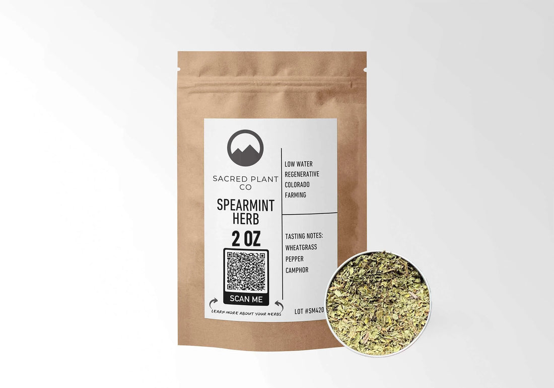 Sacred Plant Co Spearmint Leaf 2 oz in a kraft stand-up pouch with a sample in a silver tin.