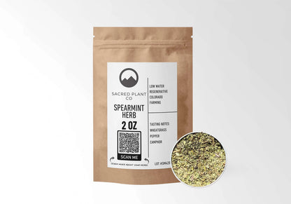 Sacred Plant Co Spearmint Leaf 2 oz in a kraft stand-up pouch with a sample in a silver tin.