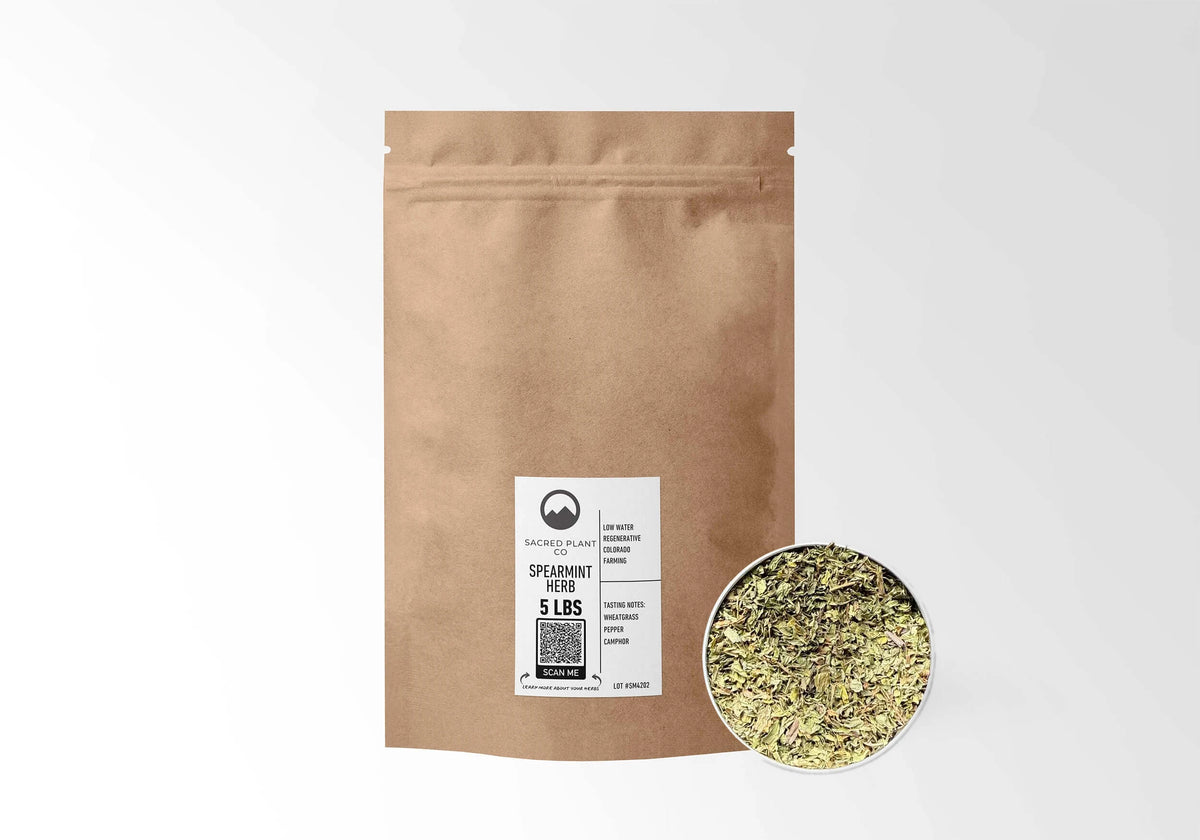 Sacred Plant Co Spearmint Leaf 5 LBS kraft stand-up pouch shown with a sample of the herb.