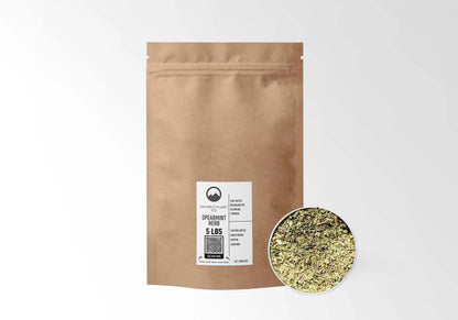 Sacred Plant Co Spearmint Leaf 5 LBS kraft stand-up pouch shown with a sample of the herb.