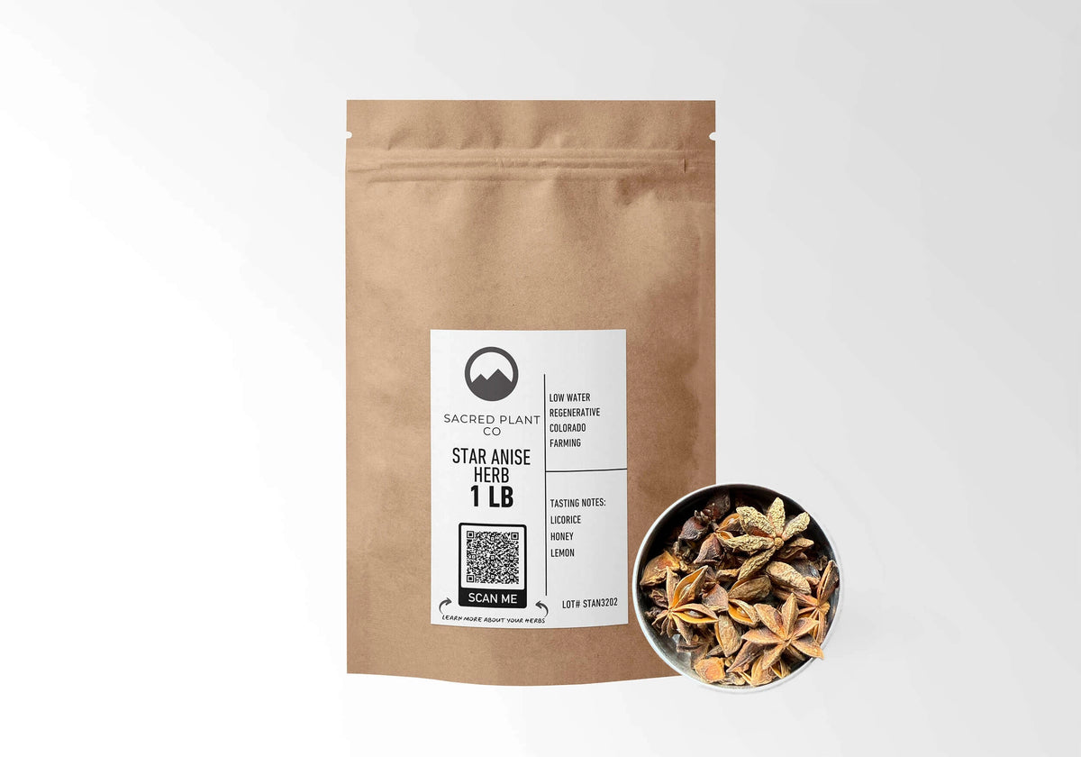 Sacred Plant Co Star Anise 1 LB kraft stand-up pouch shown with a sample of the pods.