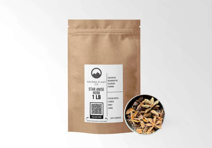 Sacred Plant Co Star Anise 1 LB kraft stand-up pouch shown with a sample of the pods.