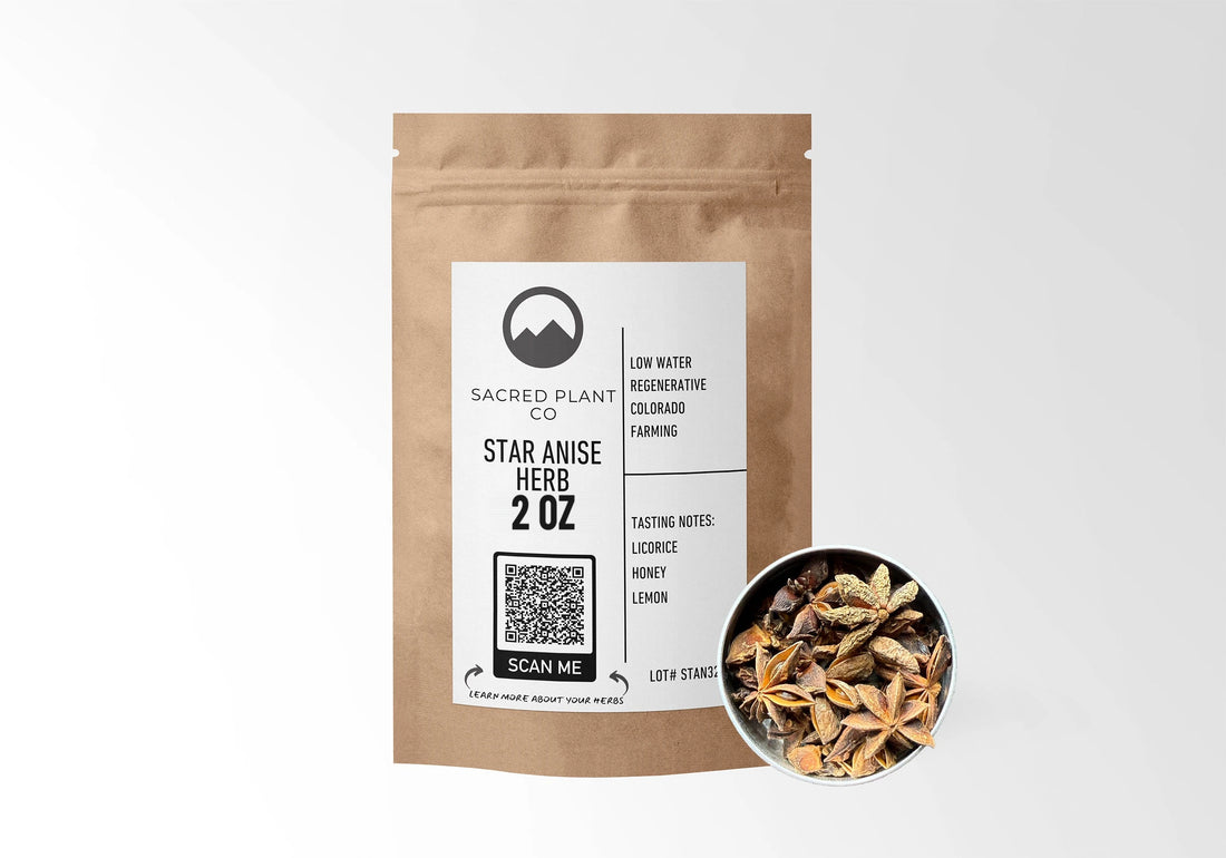 Sacred Plant Co Star Anise 2 oz in a kraft stand-up pouch with a sample in a silver tin.