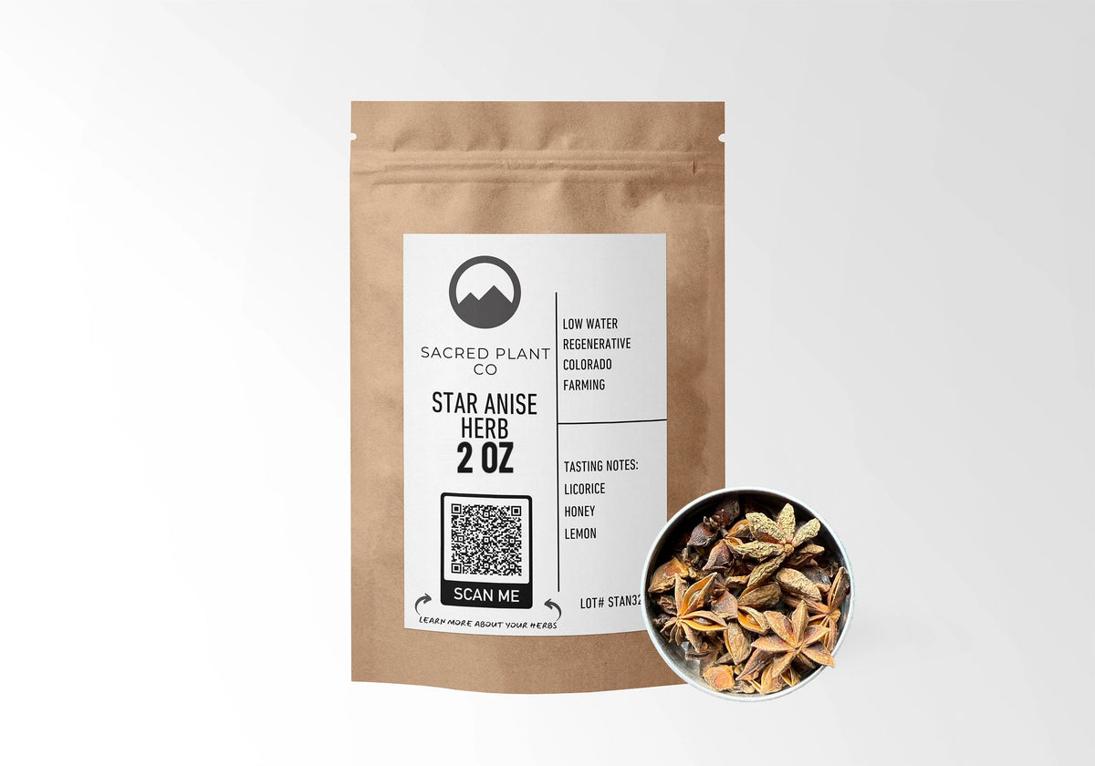 Sacred Plant Co Star Anise 2 oz in a kraft stand-up pouch with a sample in a silver tin.