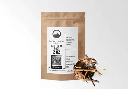 Sacred Plant Co Stillingia Root 2 oz kraft stand-up pouch shown with a sample of the herb.
