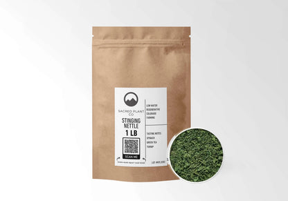 Sacred Plant Co Stinging Nettle Leaf 1 LB kraft stand-up pouch shown with a sample of the herb.