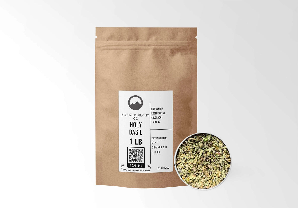 Sacred Plant Co Tulsi (Holy Basil) 1 LB kraft stand-up pouch shown with a sample of the herb.