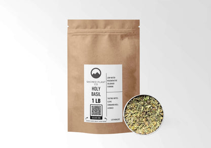 Sacred Plant Co Tulsi (Holy Basil) 1 LB kraft stand-up pouch shown with a sample of the herb.