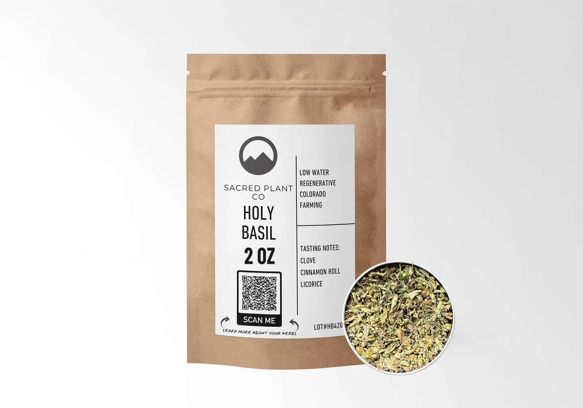 Sacred Plant Co Tulsi (Holy Basil) 2 oz in a kraft stand-up pouch with a sample in a silver tin.