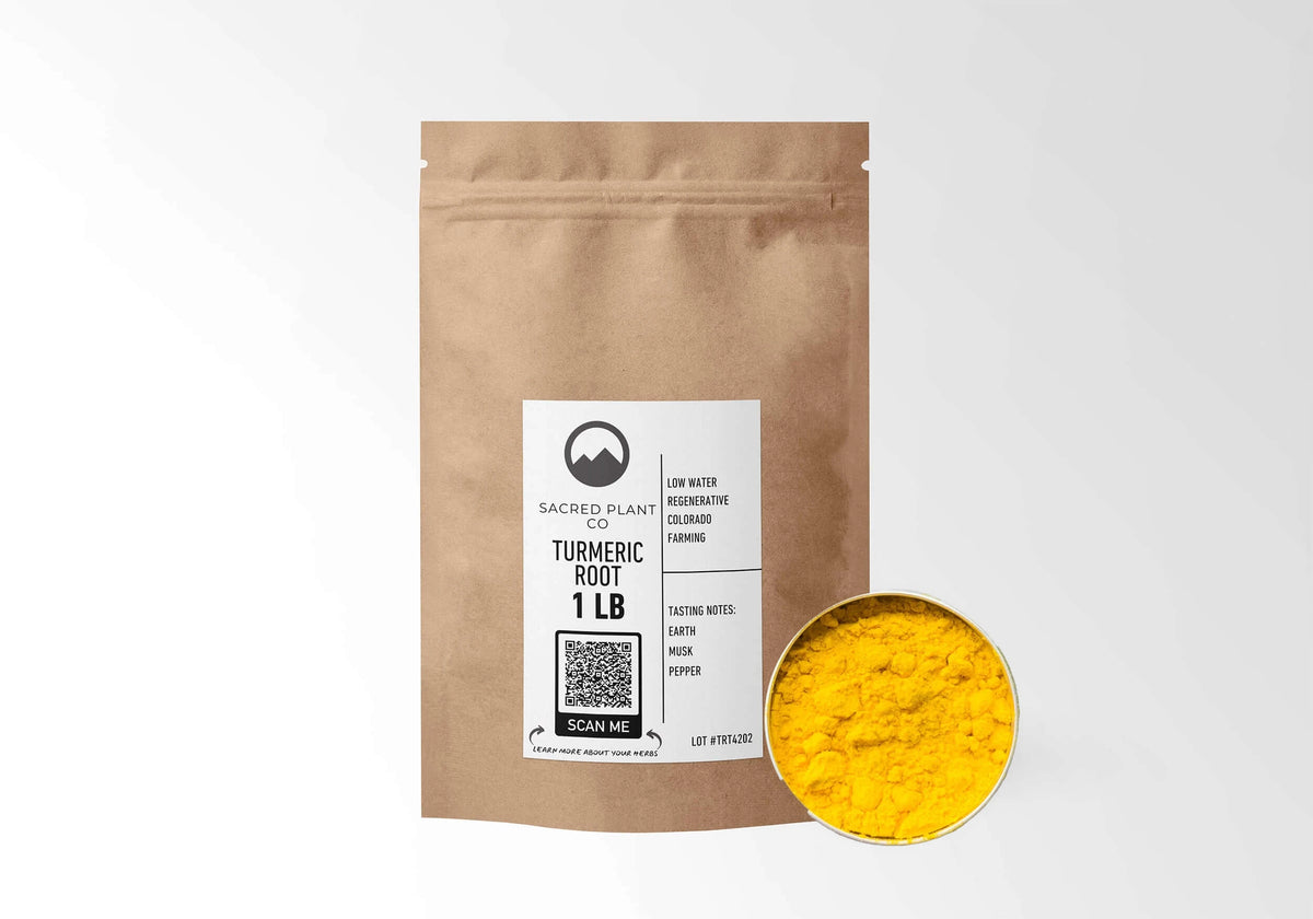 Sacred Plant Co Turmeric Root Powder 1 LB kraft stand-up pouch shown with a sample of the powder.