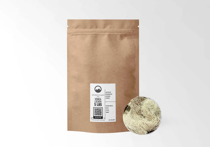 Sacred Plant Co Usnea Lichen 5 LBS kraft stand-up pouch shown with a sample of the lichen.