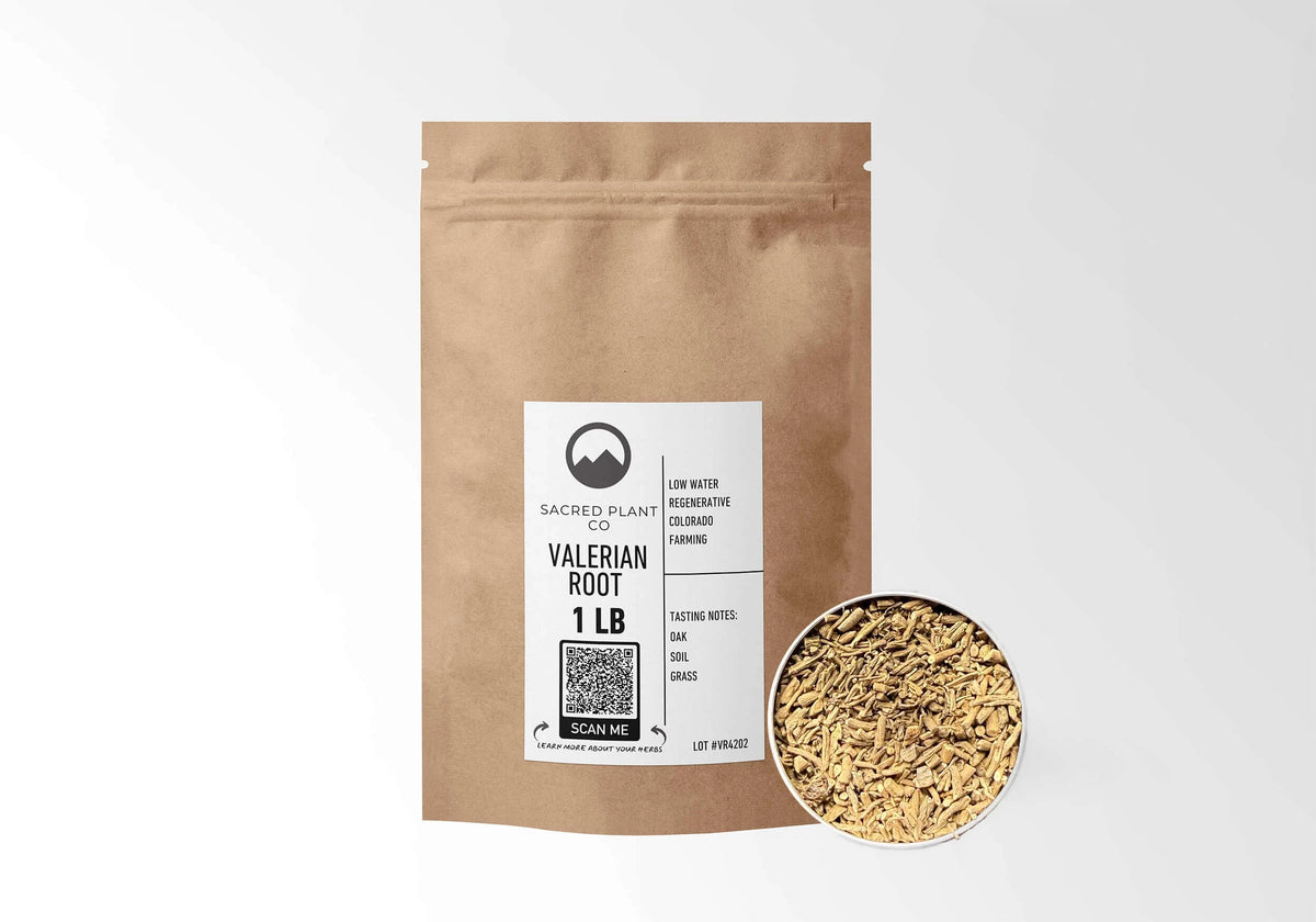 Sacred Plant Co Valerian Root 1 LB kraft stand-up pouch shown with a sample of the herb.